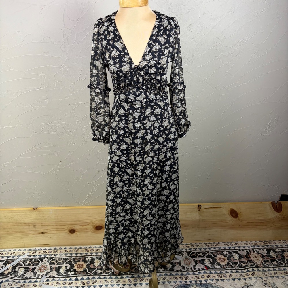 Zara Babydoll Boho Dress XS Black Fairy Floral Open Back Ruffle Sheer Whimsigoth